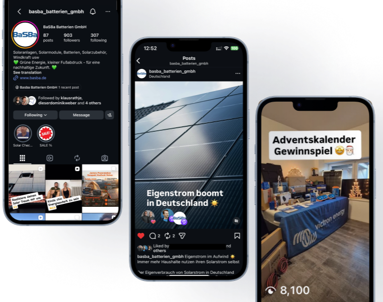 Mockups with screenshots from the instagram profile of a solar company
